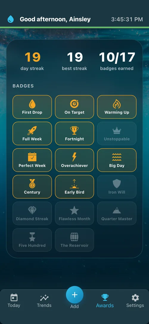 Fluid Tracker awards screen showing a 19-day streak and a collection of earned badges